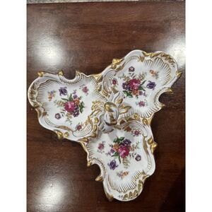 Vintage Hand Painted PIC Divided Candy Nut Dish Tray W/ Handle Japan Gold Lined‎